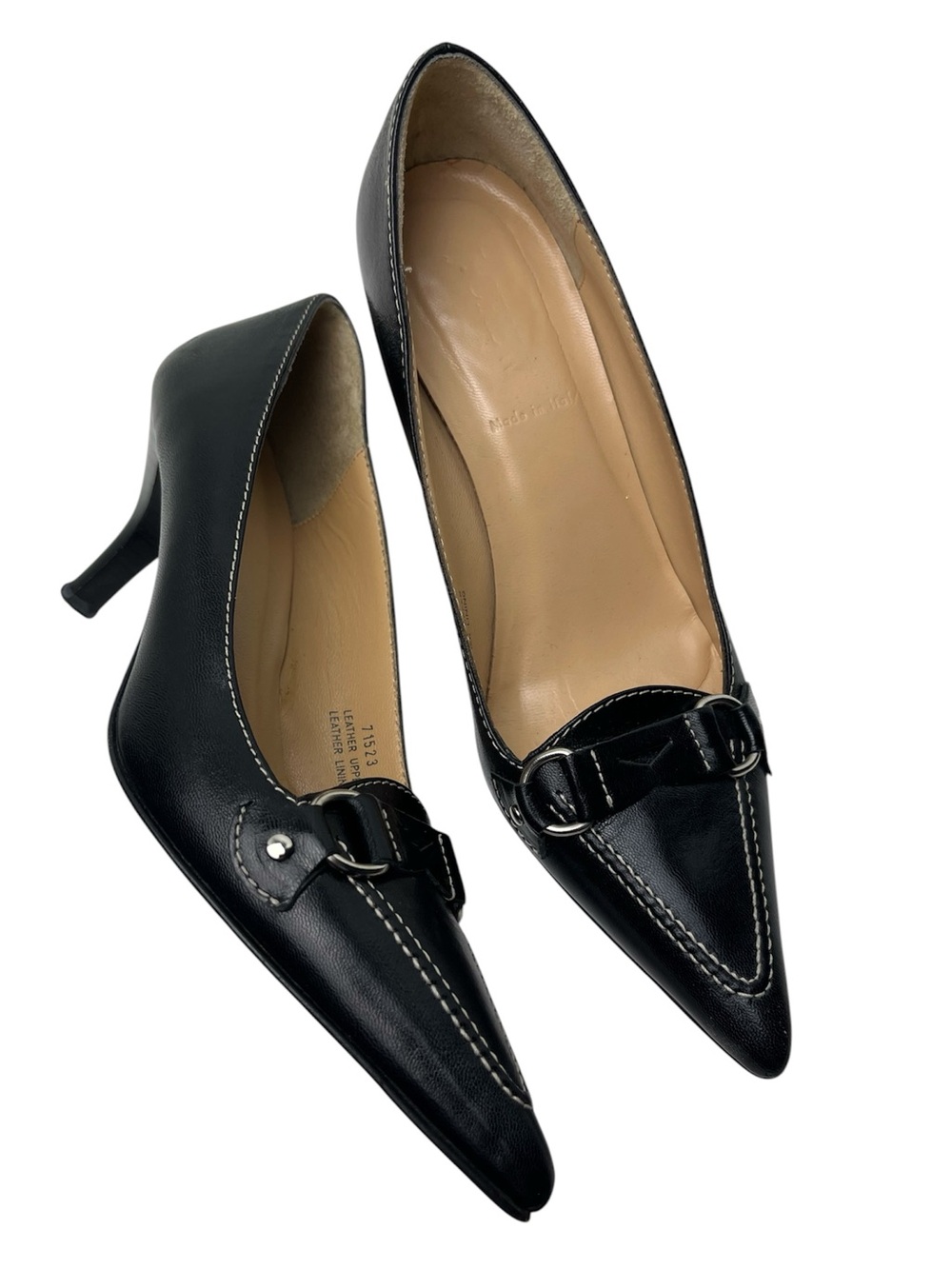 J. Crew Black Leather Pointed Toe Contrast Stitching Preppy Professional Heels